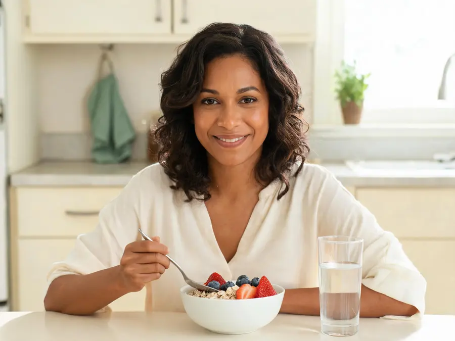 Smiling woman enjoying a breakfast bowl of berries and oats at her kitchen table