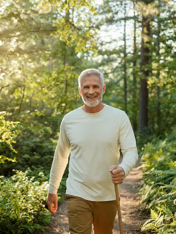 Confident man hiking a forest trail
