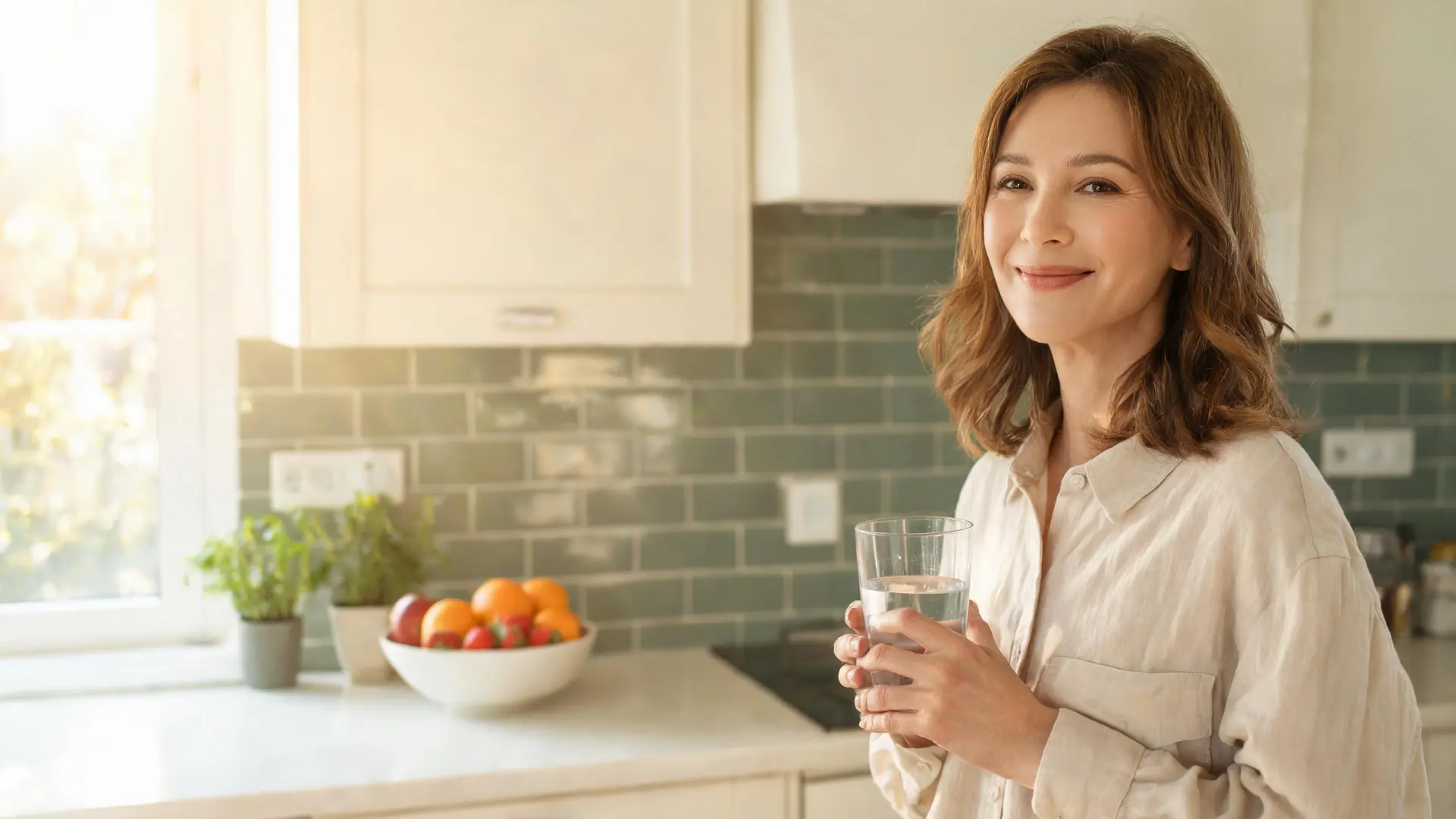 Smiling woman starting her morning routine with a glass of water in a bright kitchen
