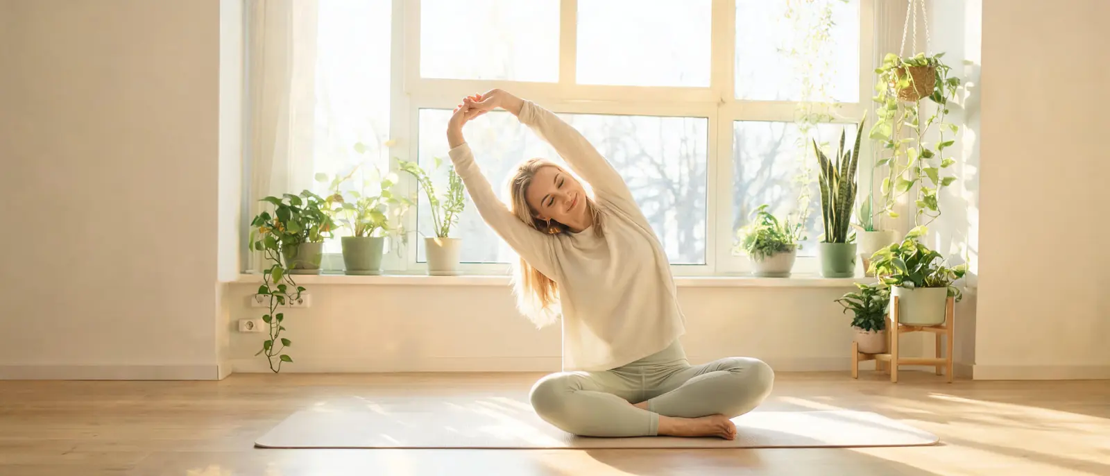 Woman stretching in a bright room in the morning