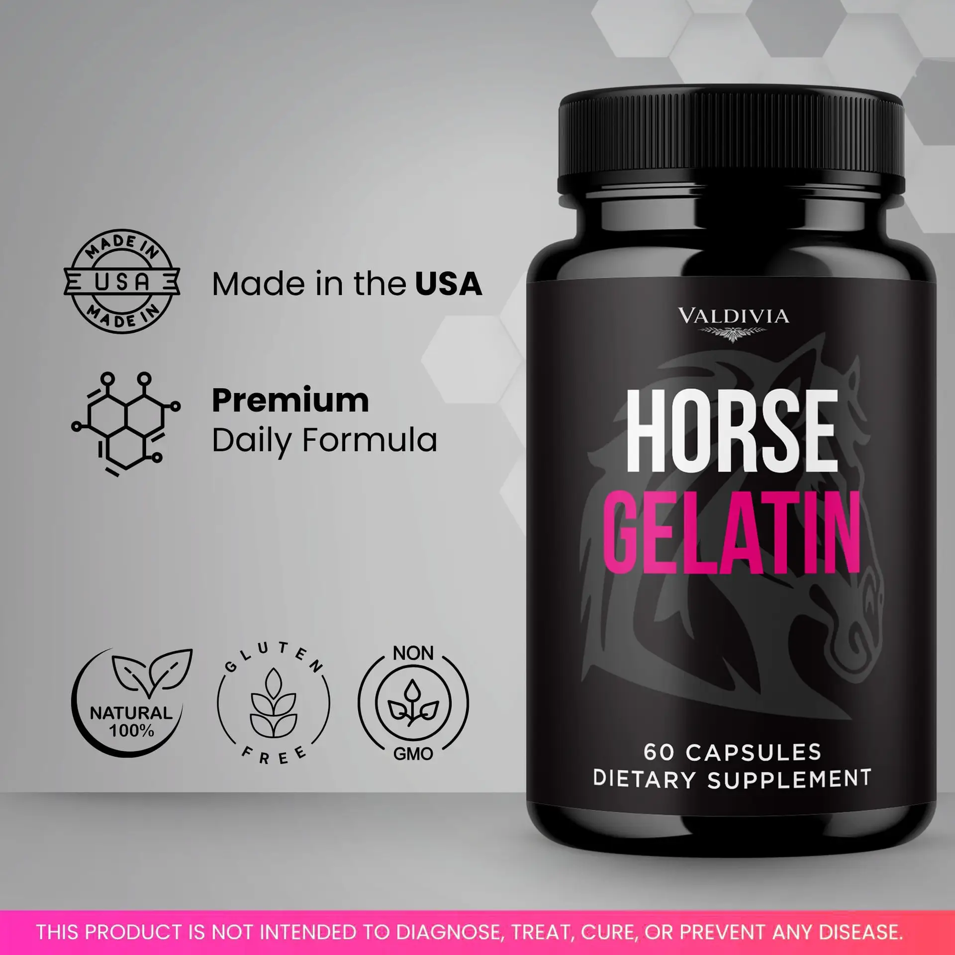Horse Gelatin Capsules HorseGelatin Supplement, Premium Formula, Natural Vitamins for Health & Wellness - 60 Capsules for 1 Month