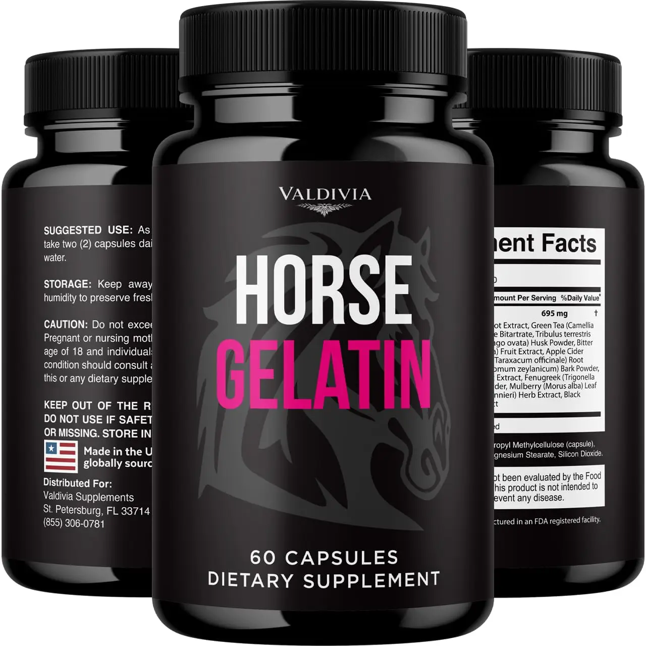 Horse Gelatin Capsules HorseGelatin Supplement, Premium Formula, Natural Vitamins for Health & Wellness - 60 Capsules for 1 Month