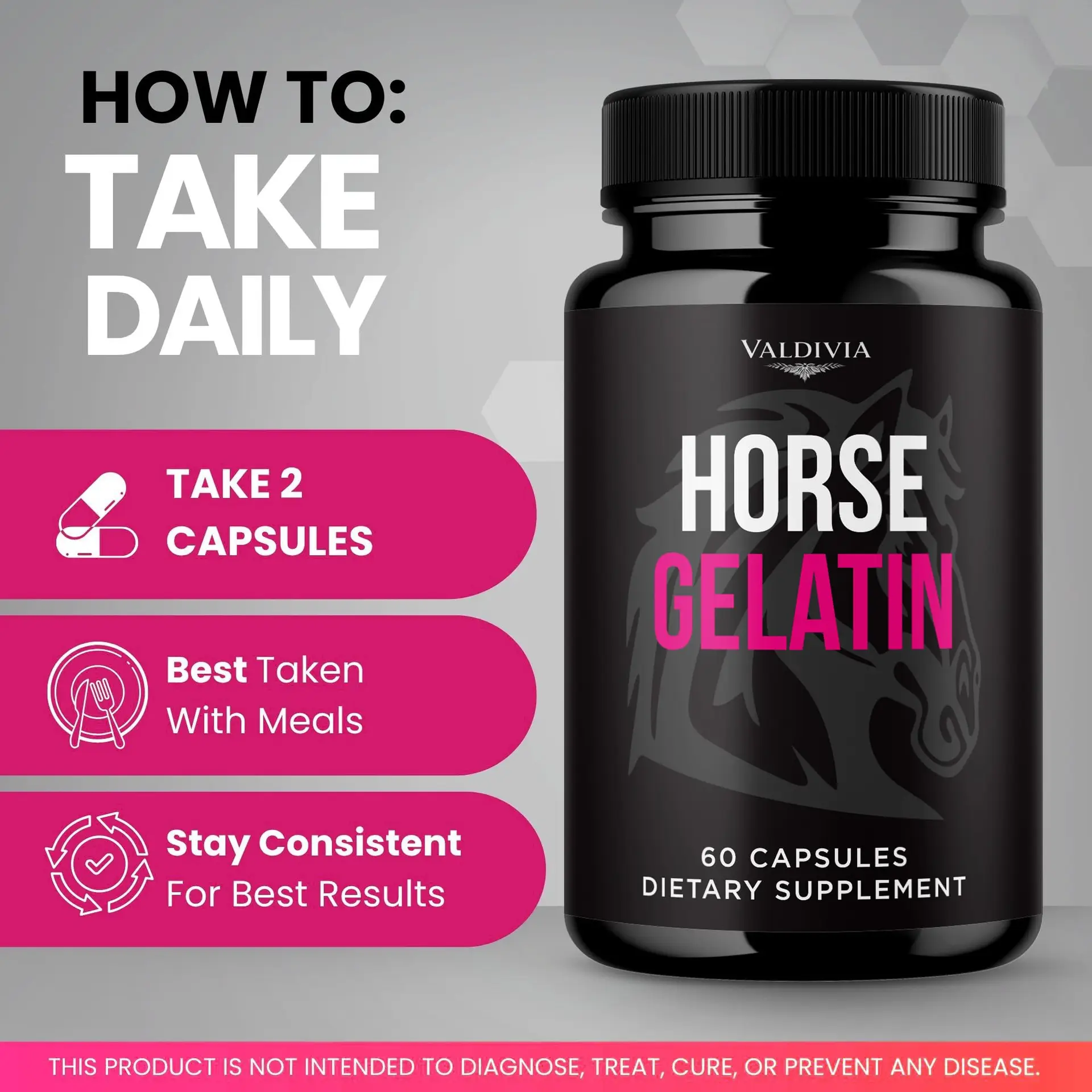 Horse Gelatin Capsules HorseGelatin Supplement, Premium Formula, Natural Vitamins for Health & Wellness - 60 Capsules for 1 Month