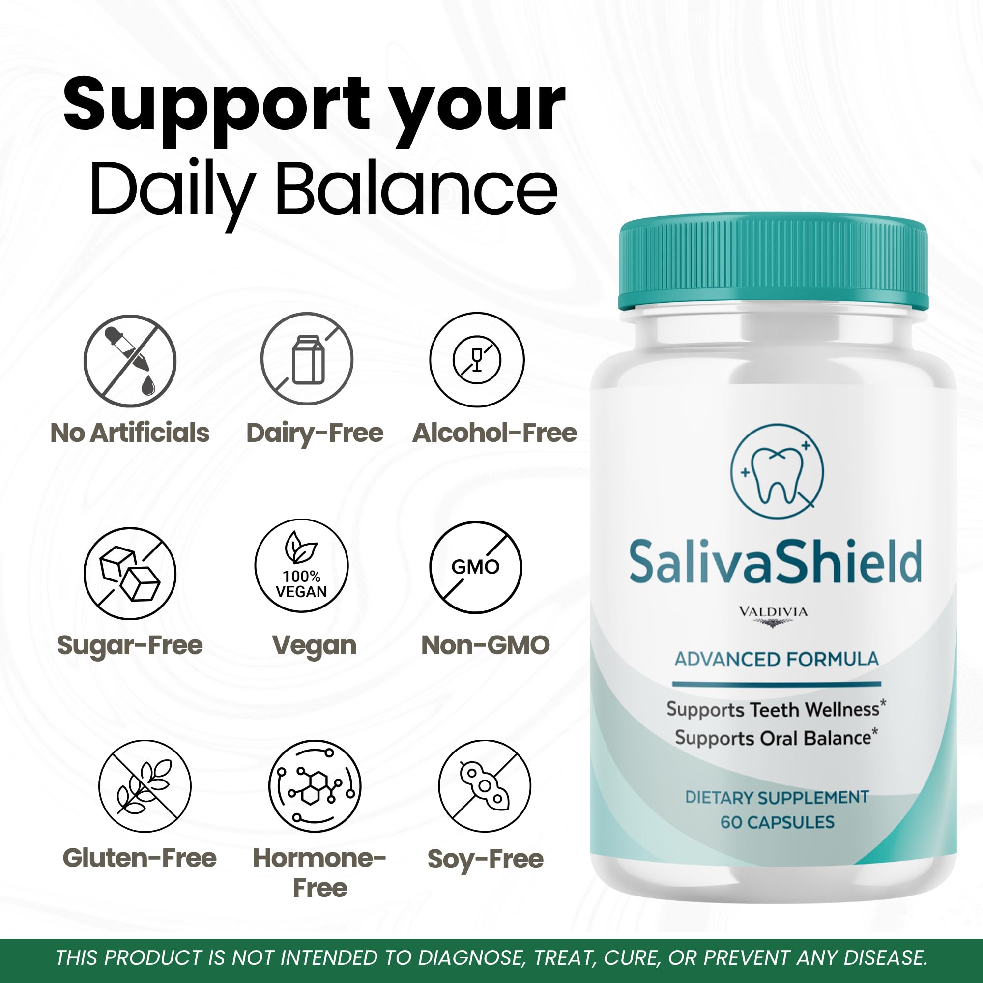 Valdivia SalivaShield Capsules Saliva Shield Supplement, Premium Formula, Natural Vitamins for Health & Wellness - 60 Capsules for 1 Month